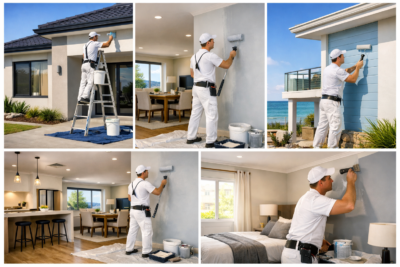 Collage of five photos showing a professional painter working on modern Australian homes — painting exterior walls, living room, coastal house, open‑plan interior, and bedroom — in bright natural light with clean, realistic detail.